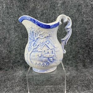 Vtg Blue White Porcelain Small 5.5” Pitcher Made In Japan Spring Cabins Tulips